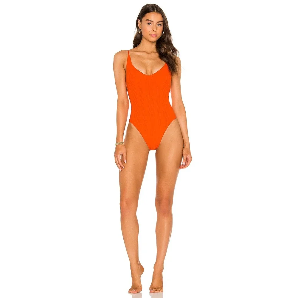 L Space Ribbed One Piece Gianna Classic Swimsuit V Neck Red Women's Size 6 NWT
